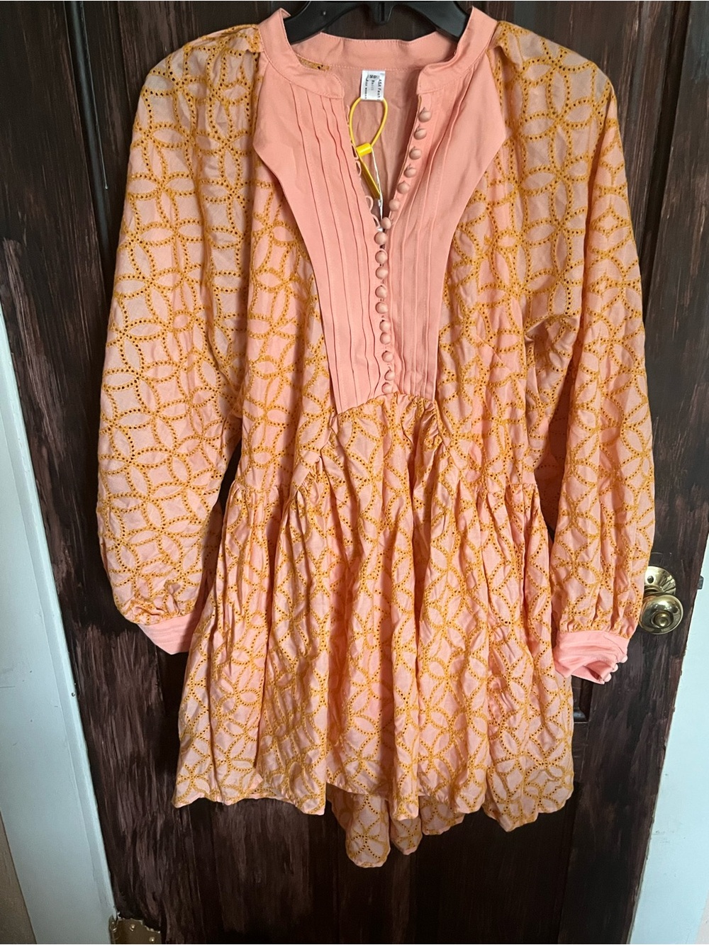 Roiii Women's Peach Button-Front Long Sleeve Embroidered Eyelet Dress